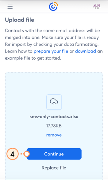 Mobile web Upload file page with file selected and Continue button