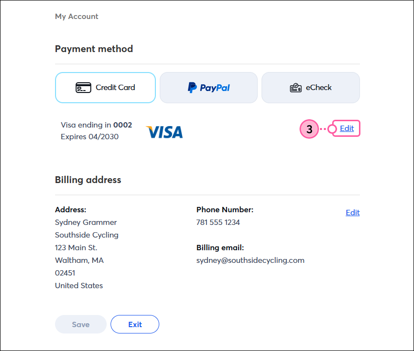 My account page with Payment method section, and Edit link