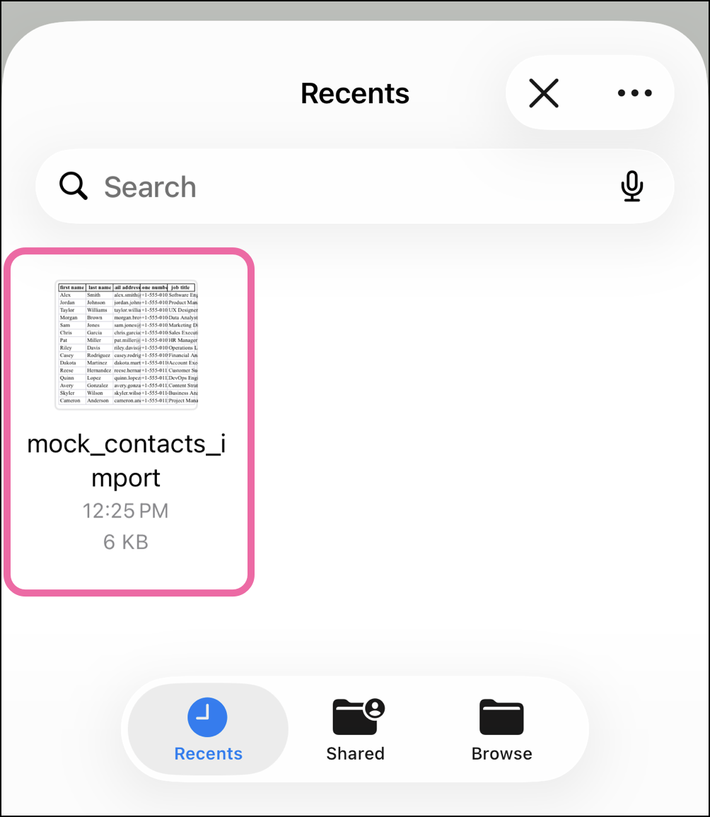 Select spreadsheet files from your phone folders