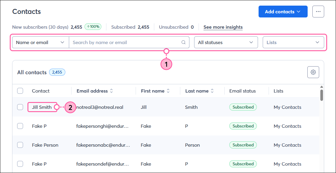 Contacts page with filters and search field, All Contacts table, and contact selected