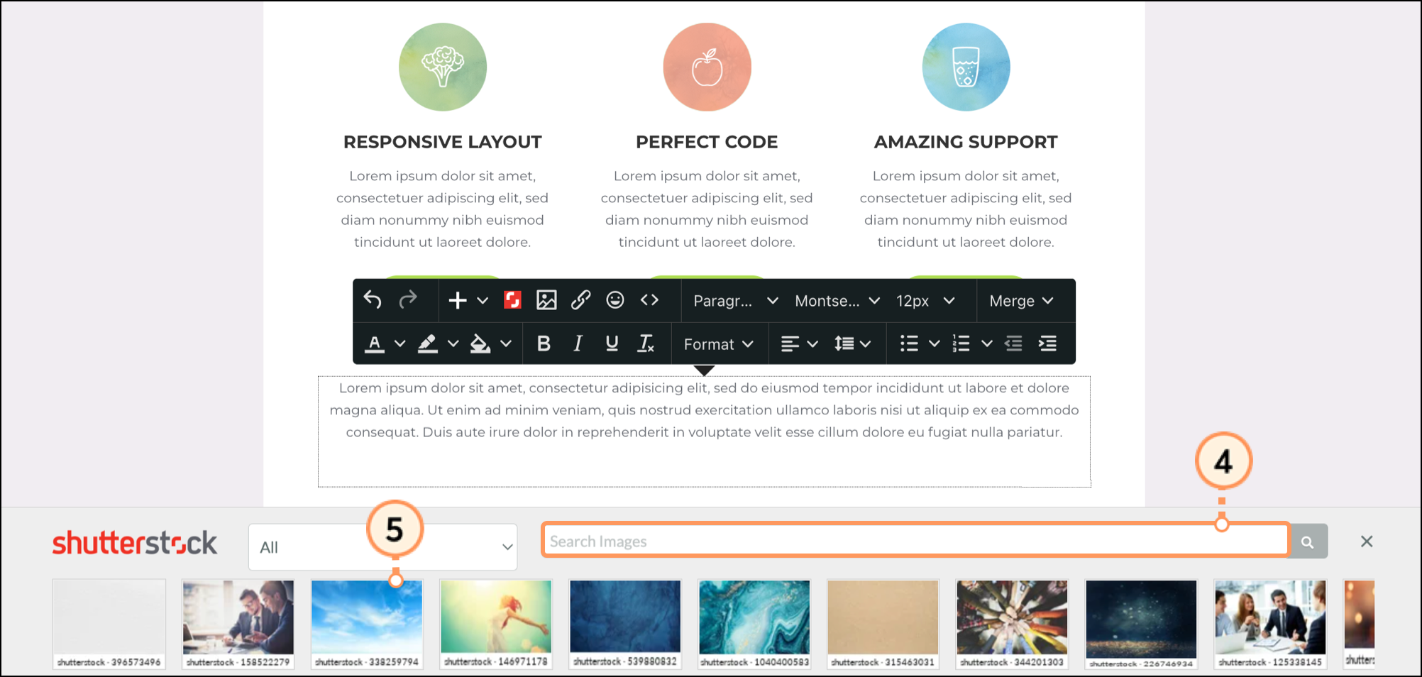 Shutterstock widget sliding up from the bottom of the page with search bar and row of images to choose from