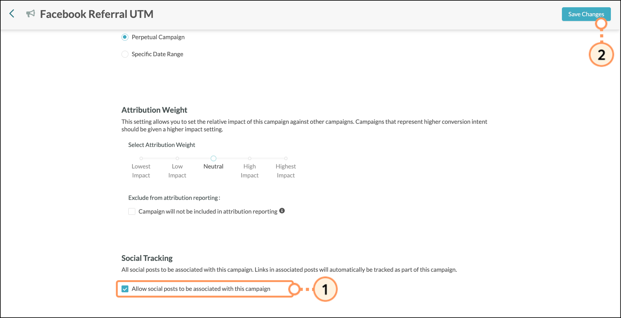 Facebook campaign page with Allow social posts to be associated with this campaign checkbox