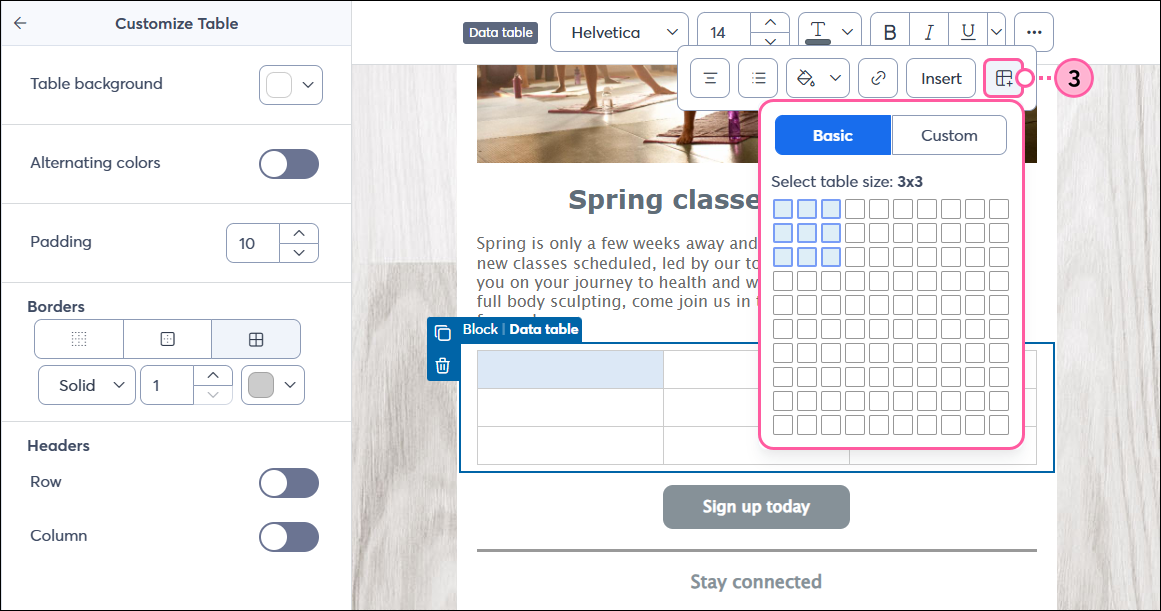 Data Table Block toolbar, table icon, and table size selection
