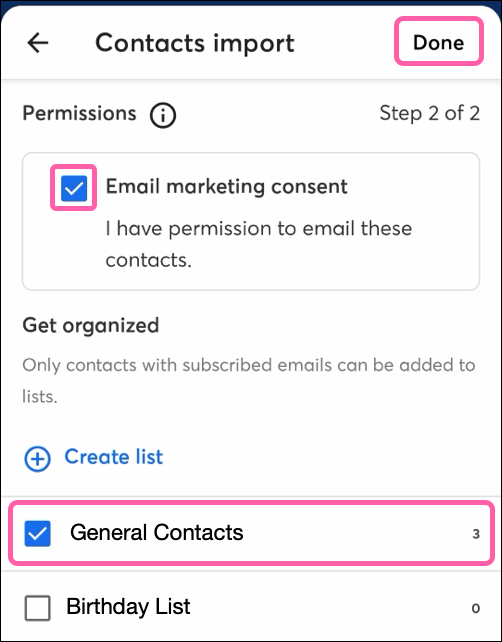 Permissions checkbox above rows of lists in step 2 of contact import
