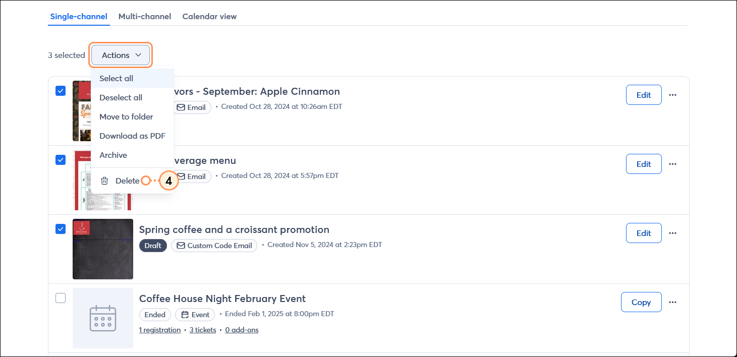 Campaigns page with multiple campaigns selected and Actions drop-down menu expanded with Delete option selected