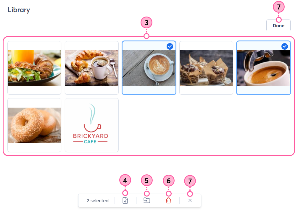 Images selected with Download, Folder, Trash Can, and X icons, and Done button