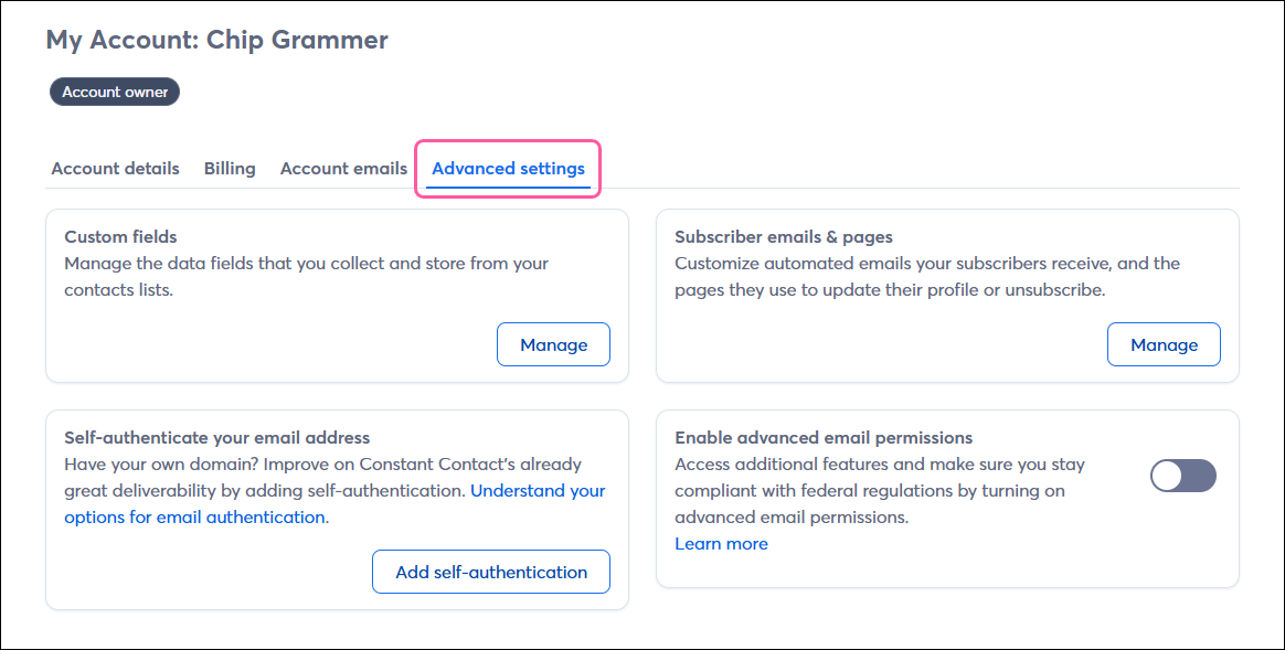 Advanced Settings tab on My Account page