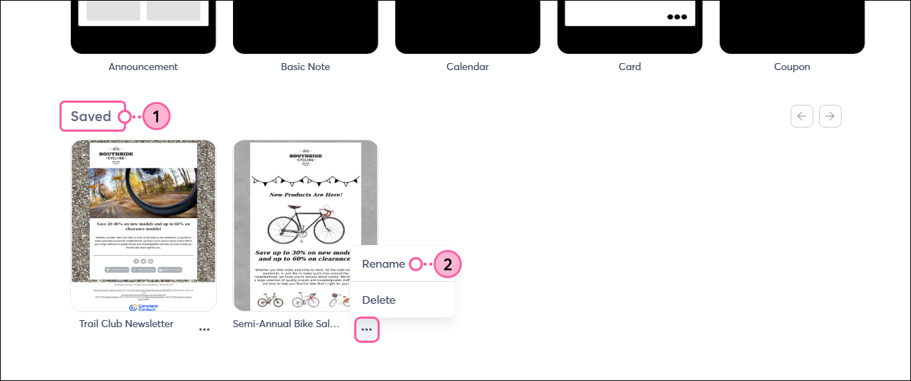 Saved section of template picker, template with menu expanded, and Rename option selected