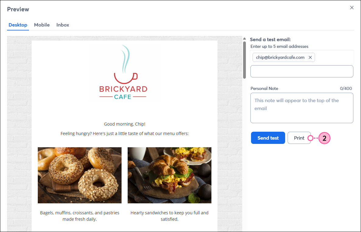 Preview page and Print button