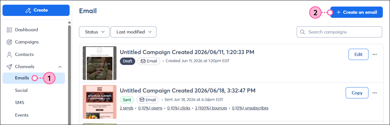 Create button in top nav with Email option selected