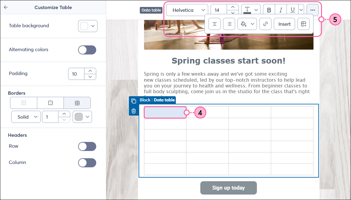Empty table cell with text toolbar options