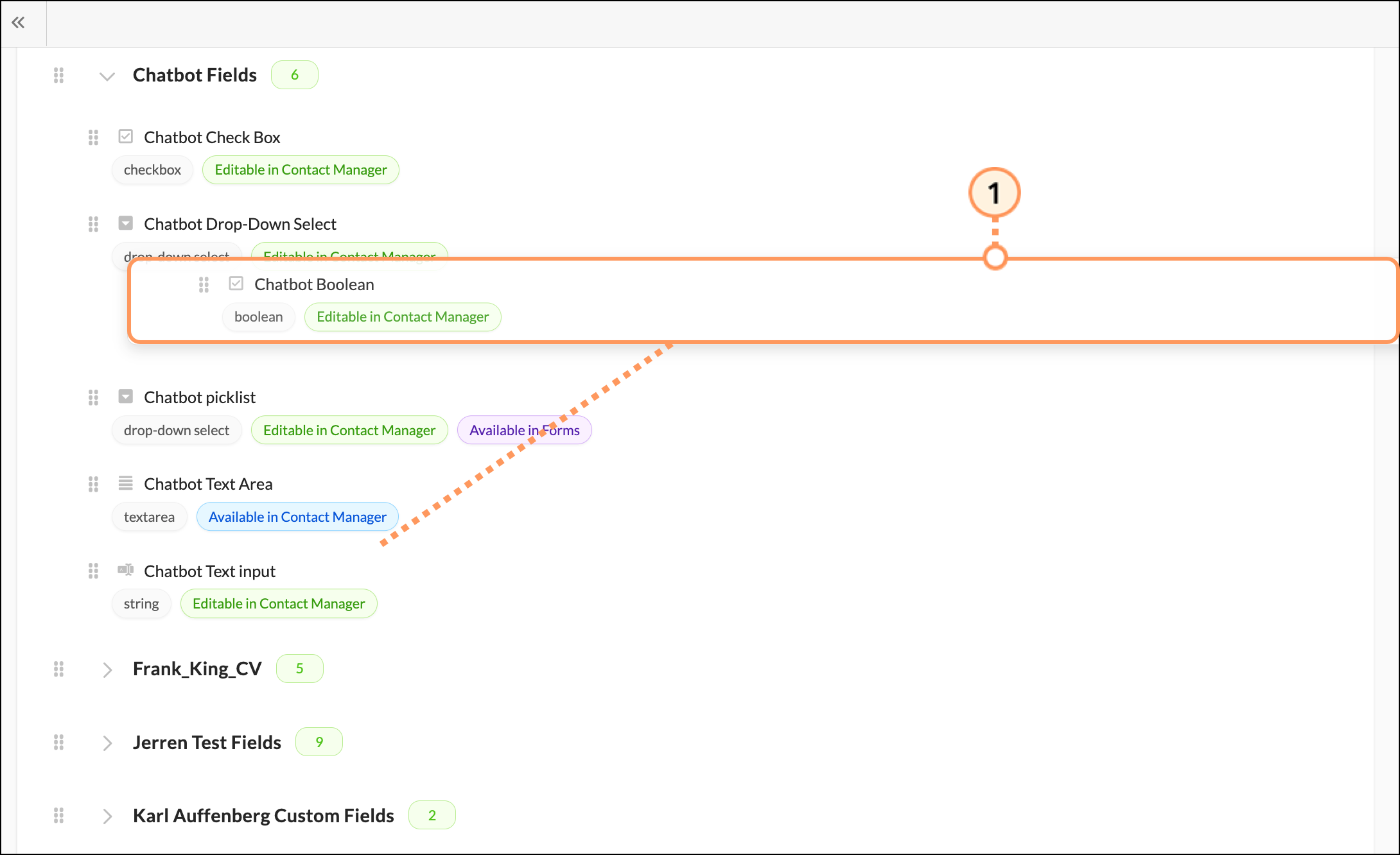 Drag field and hold it over a new category to move it