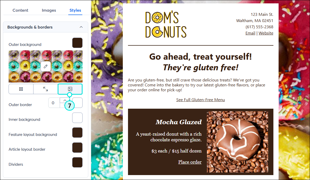 Email Styles tab, Backgrounds and Borders section expanded, custom outer background selected, and Image icon
