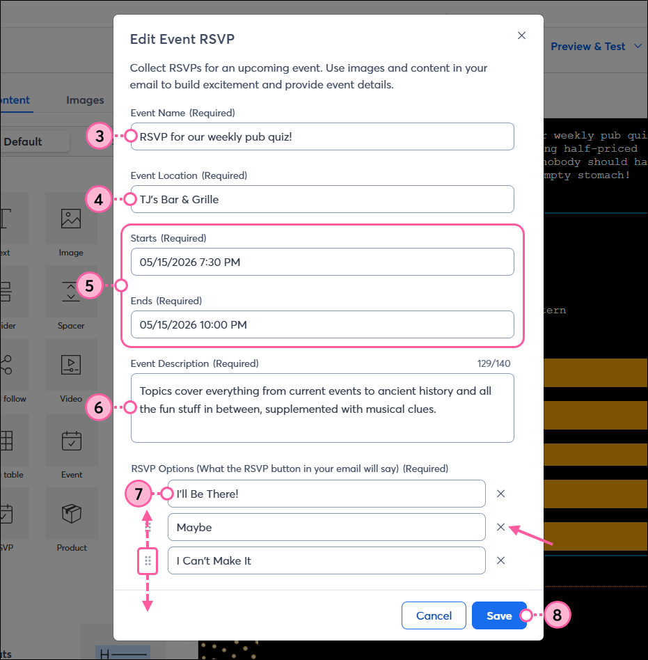 Event Information Fields and Save Button