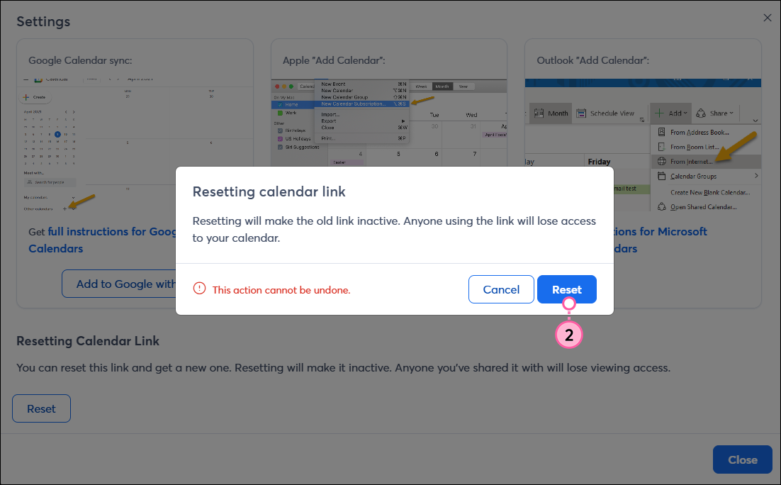 Resetting calendar link overlay and Reset button