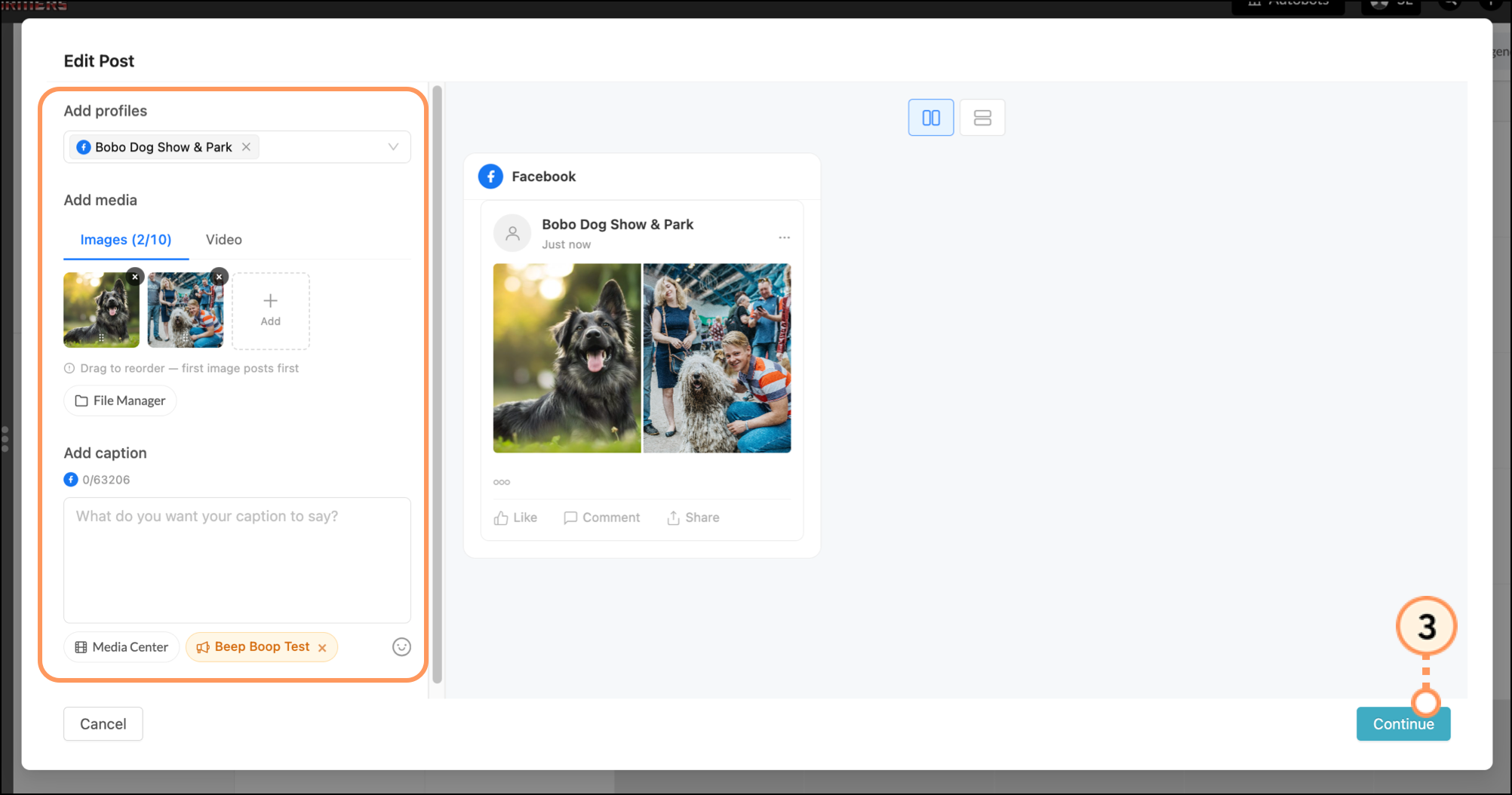 Edit Post pop-up and blue Continue button