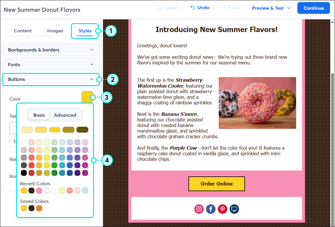 Email Styles tab, Buttons menu expanded, and button color palette expanded