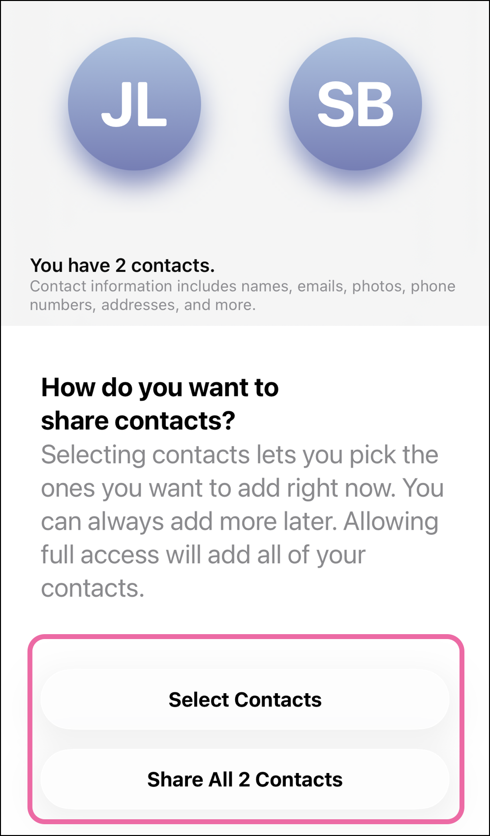 Select iPhone contacts to share with Constant Contact, all or a select group