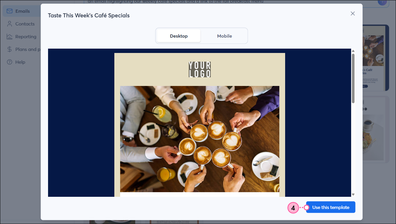 Email template preview and Use This Template button