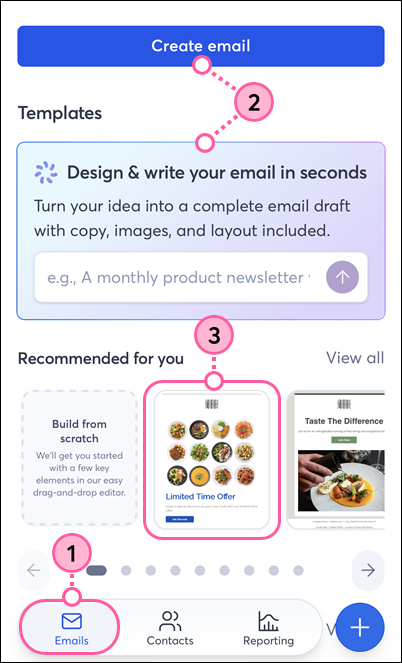 Constant Contact on mobile web browser, Emails option in bottom navigation, Create Email button, search bar, and template selected