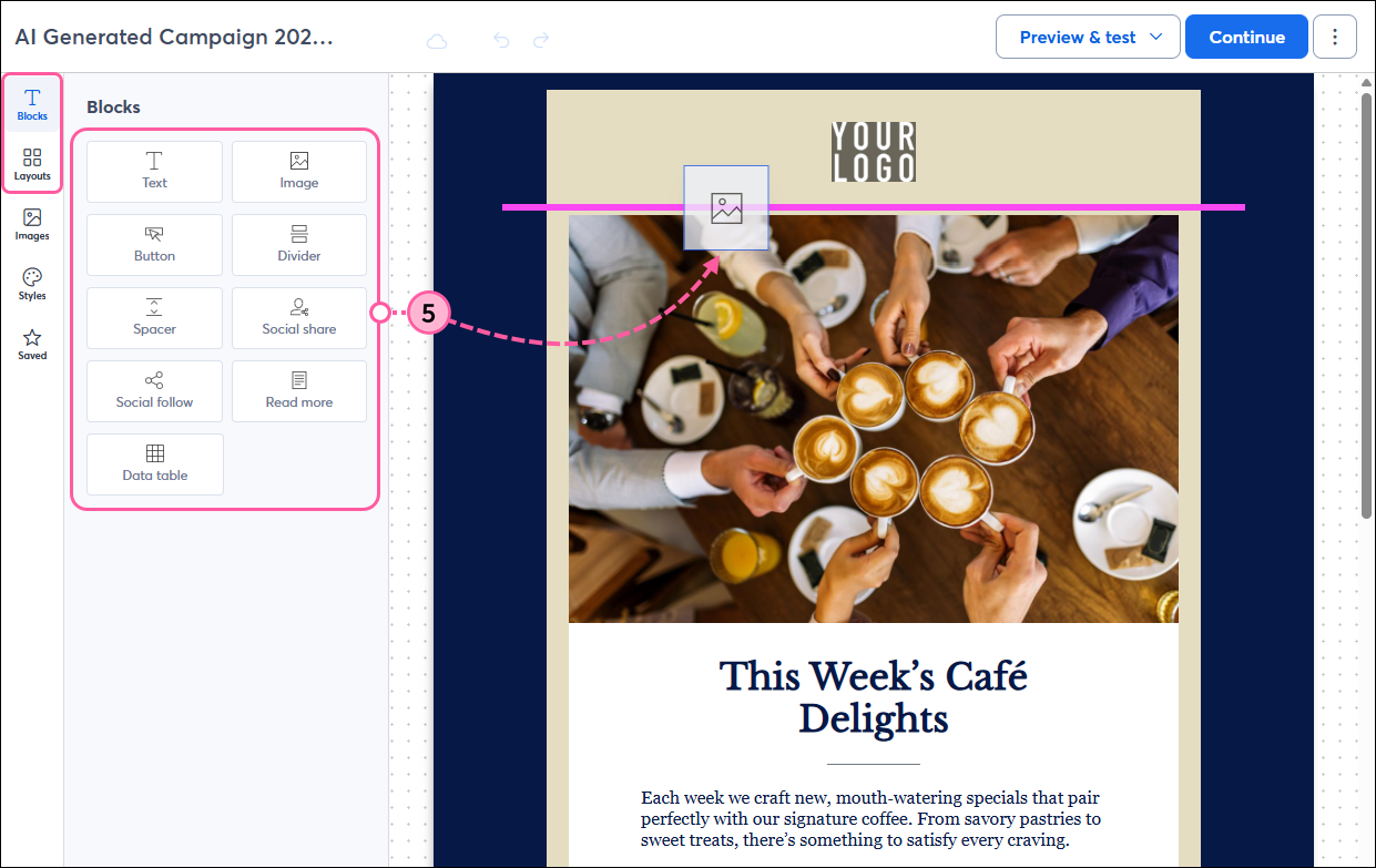 Email editor with Blocks panel and block being inserted into template