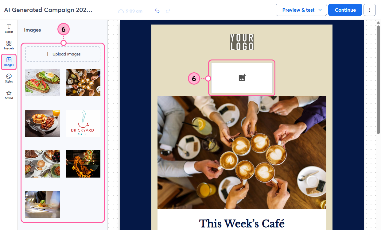 Email editor with Images panel options