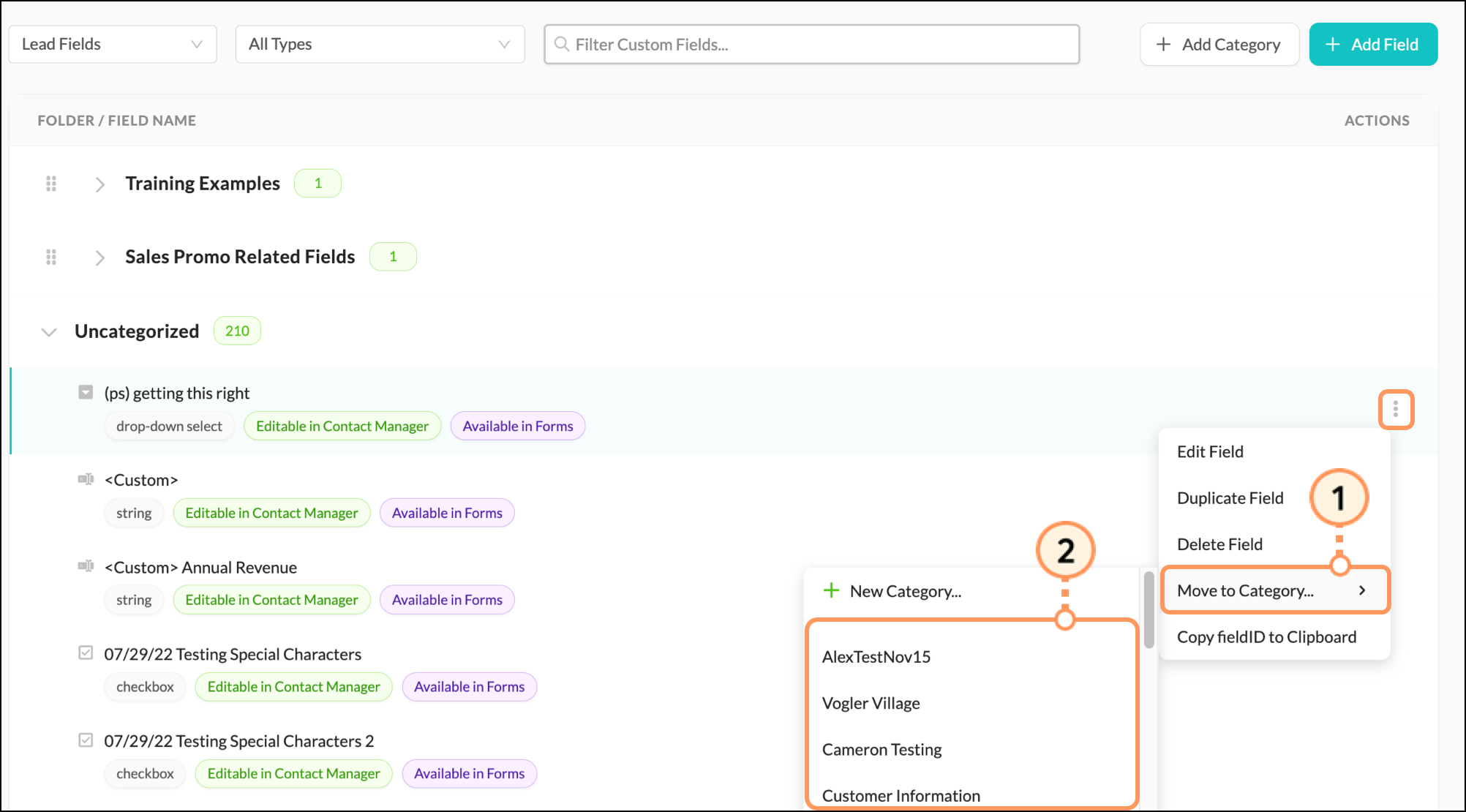 Expanded three dots menu with list of categories in Move to Category section