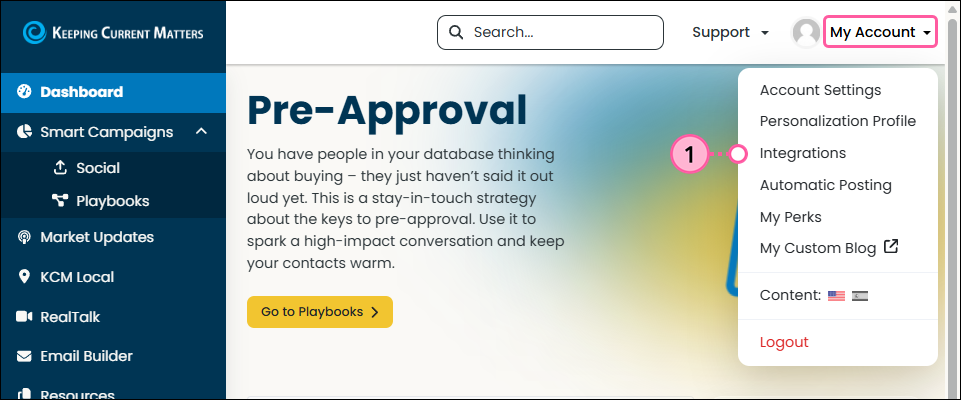 KCM Dashboard My Account dropdown Integrations option