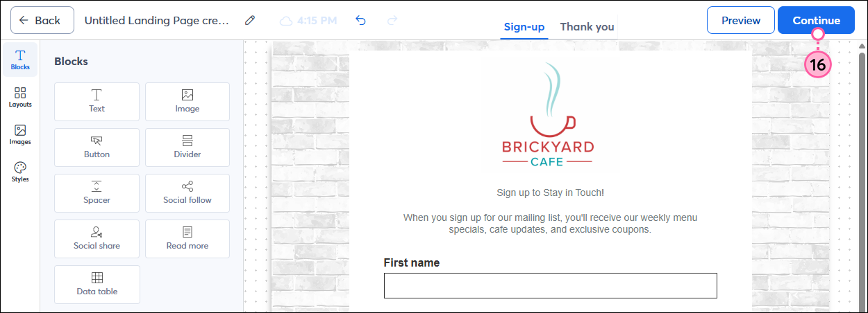 Landing Page editor with Continue button