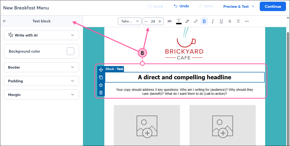 Email editor with Text block panel and toolbar