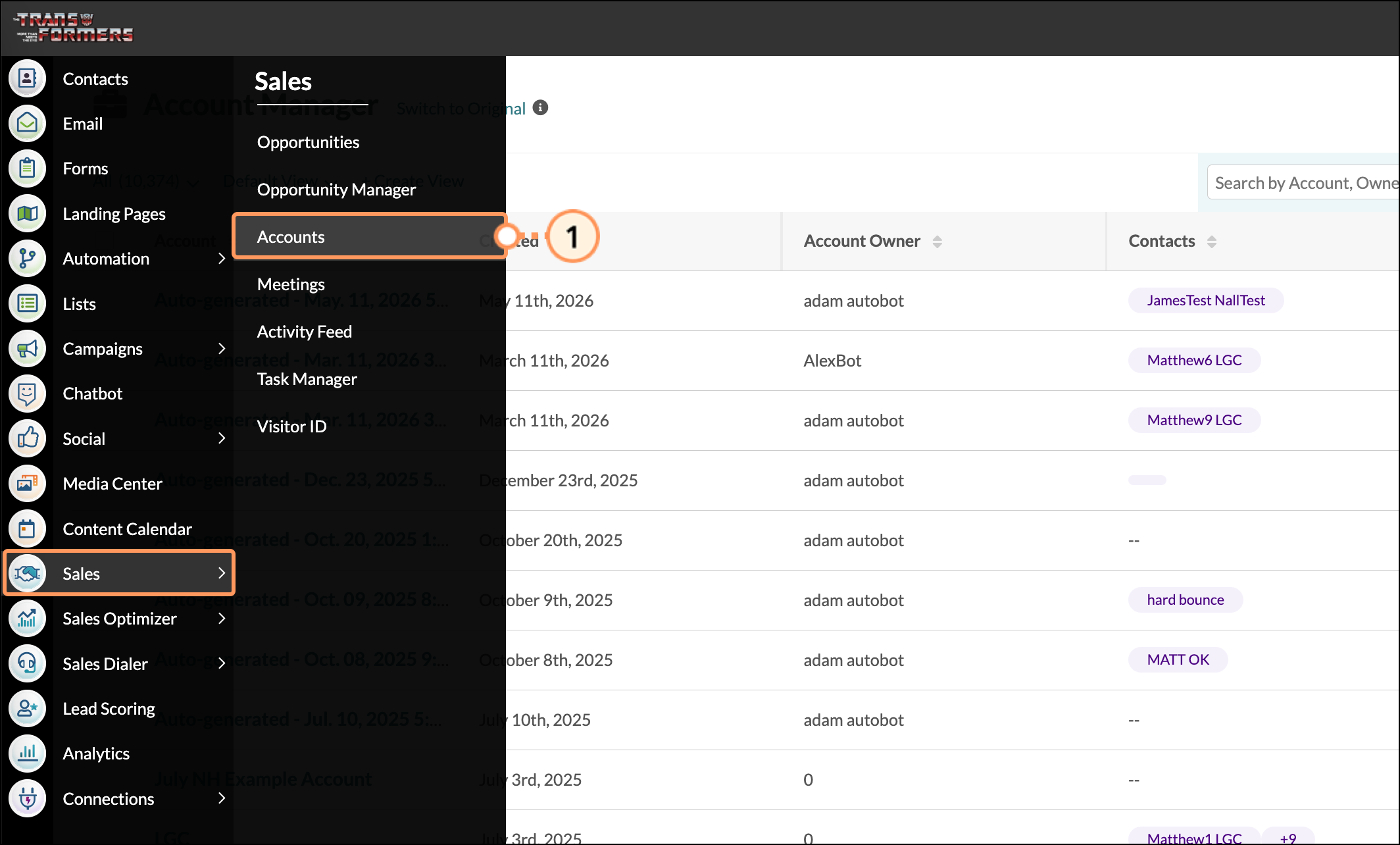 Expanded navigation menu displaying Sales and then Accounts