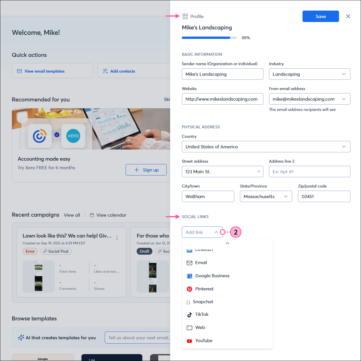Dashboard page with Profile panel expanded, and SOCIAL LINKS section with Add link drop-down menu expanded