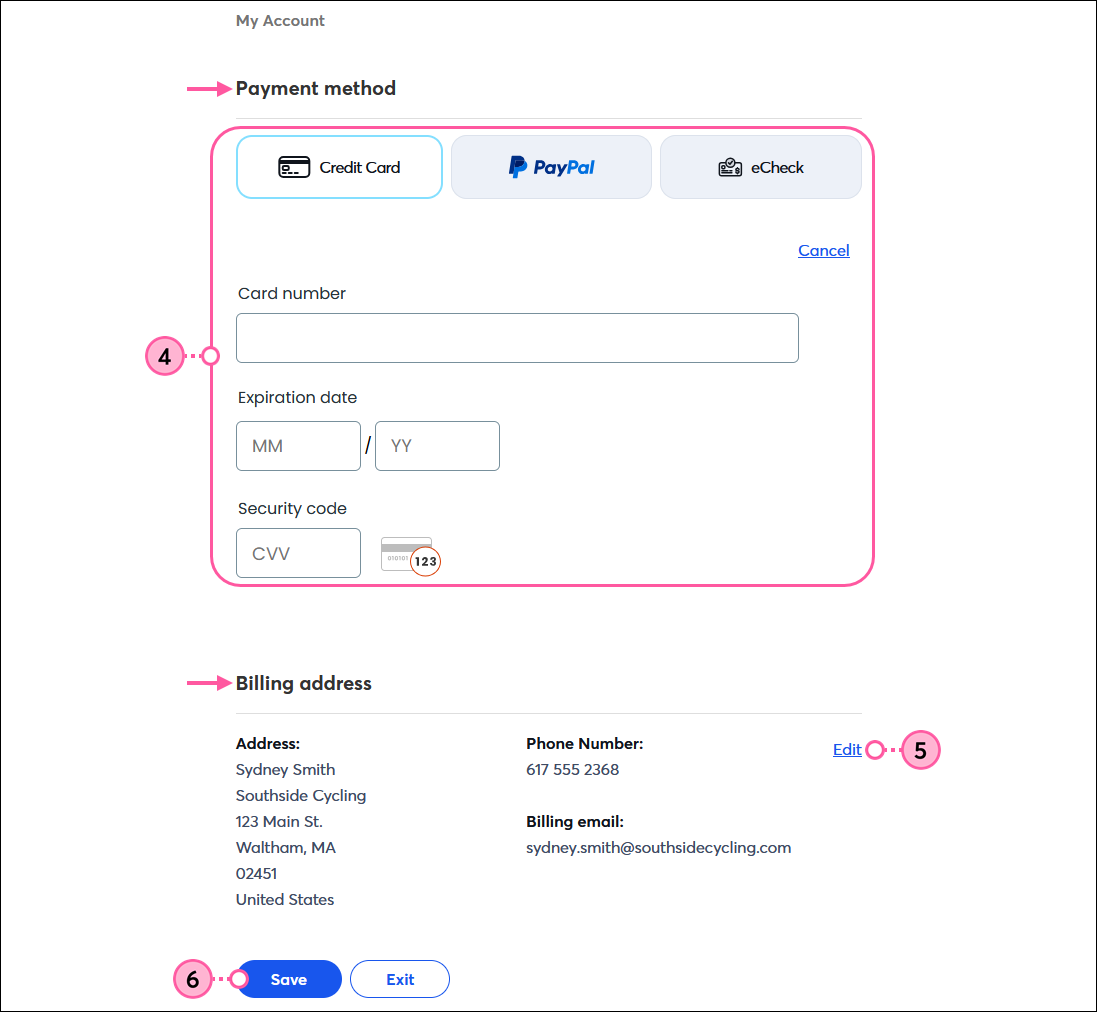 My account page with payment method section, payment options with Credit Card option selected and Card number, Expiration date, and Security code fields, Billing address section with Edit option, and Save button