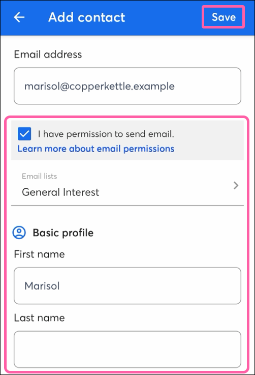 Edit contact details form with Save button