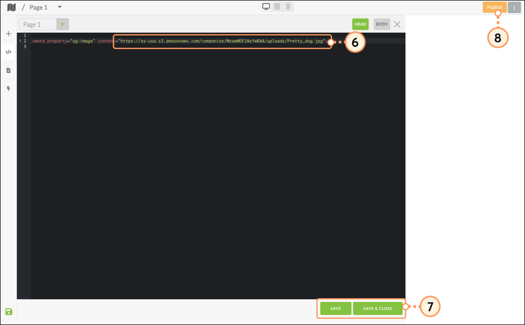 Code editor with image link above Save and Save and Close buttons and below Publish button