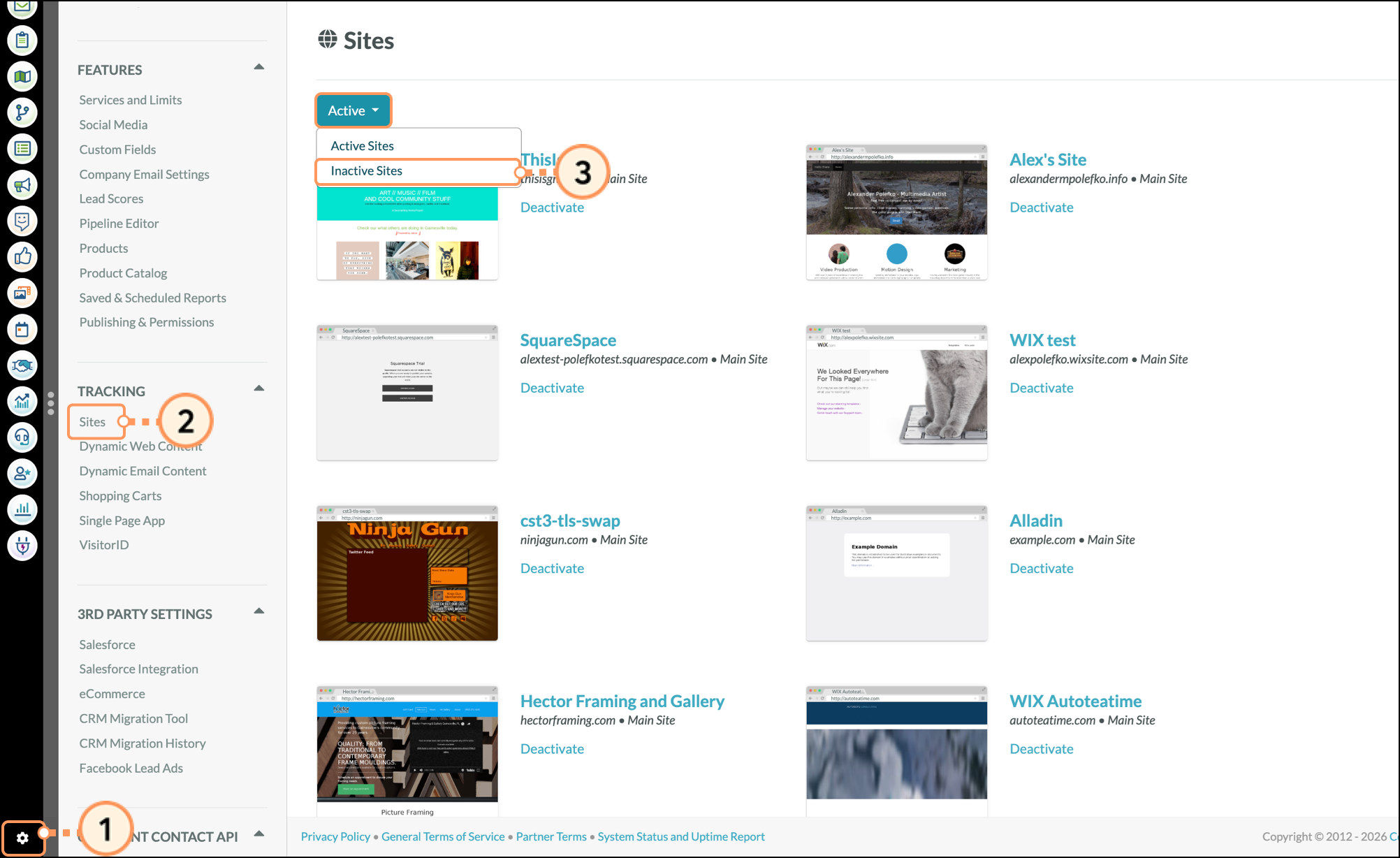 Inactive Sites dropdown in the Sites section of Settings