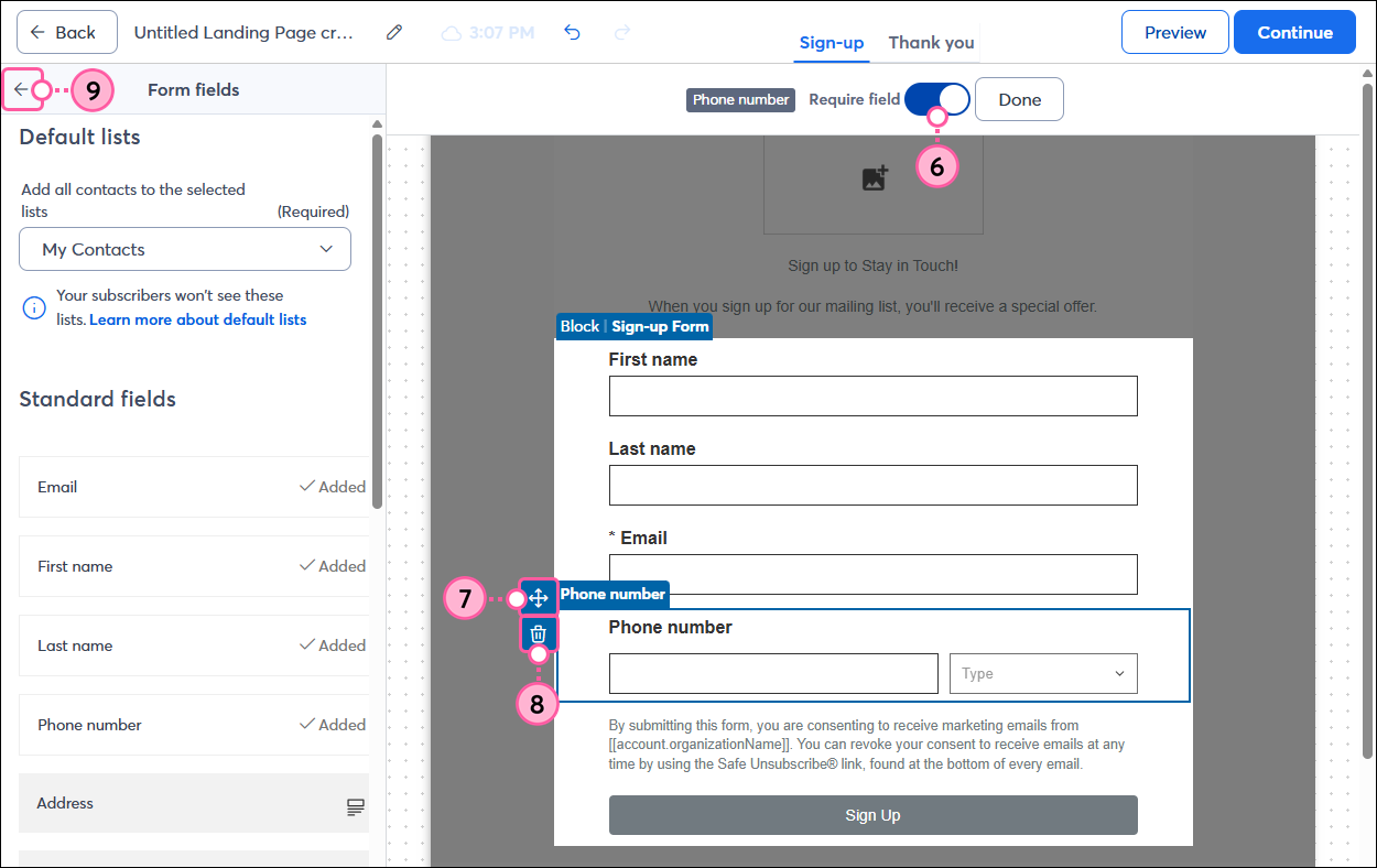 Landing Page editor with field selected, Require Field drop-down, Move and Trash Can icons, and Back arrow