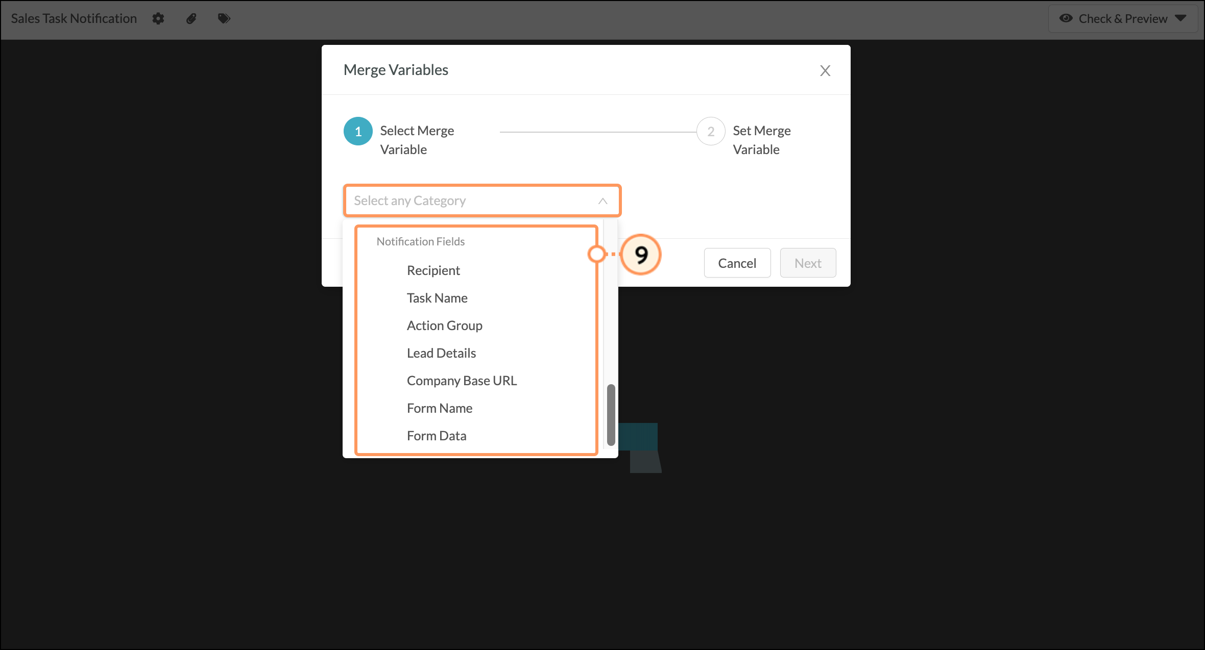 Merge variable expanded dropdown menu