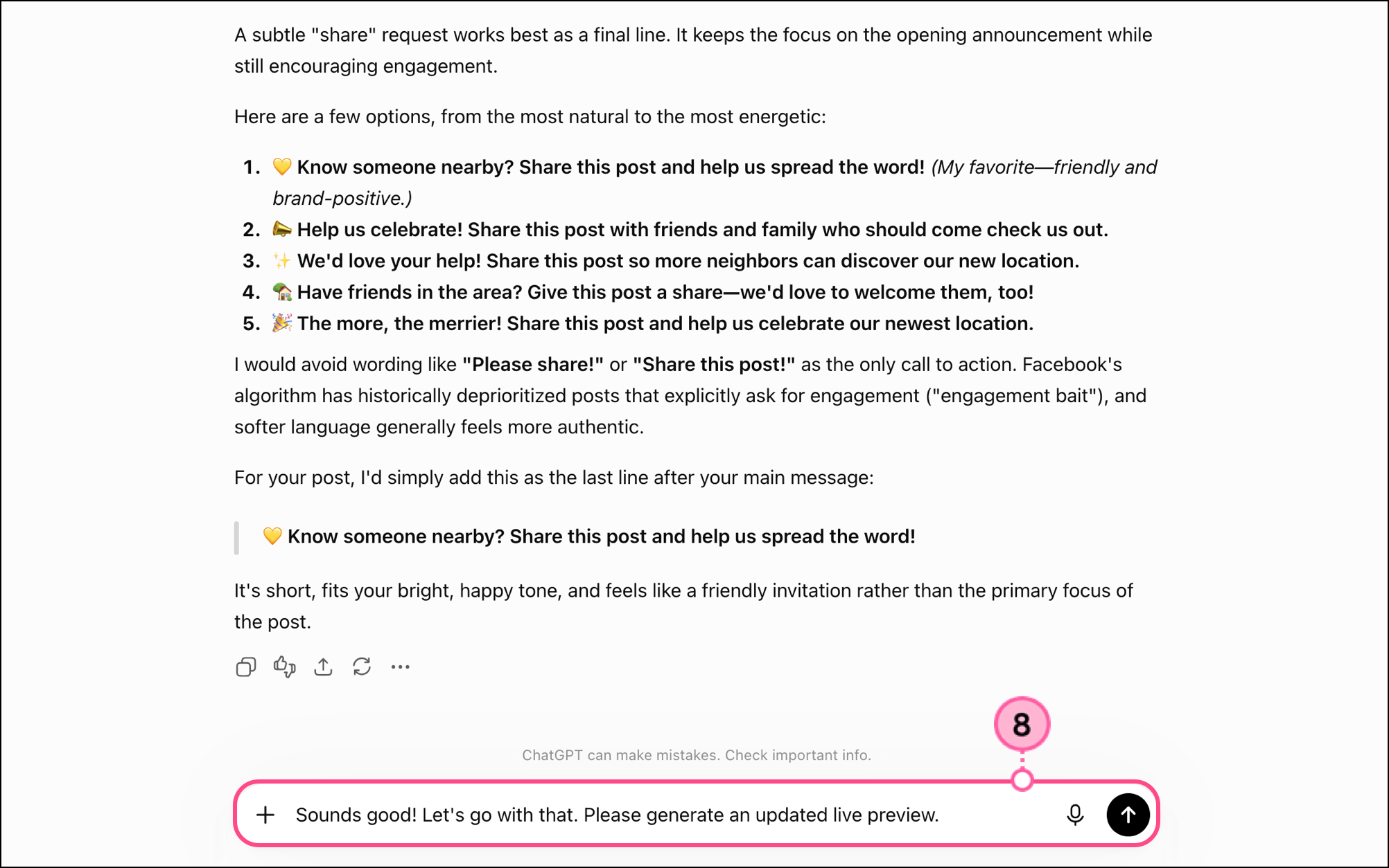 Reply message in the ChatGPT text box asking for an updated live preview