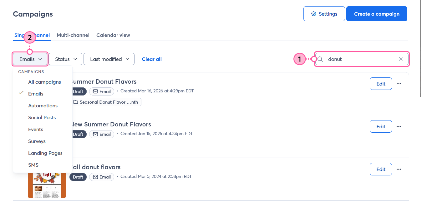 Campaigns page with Single-channel tab selected, Search field, and Campaigns drop-down menu expanded