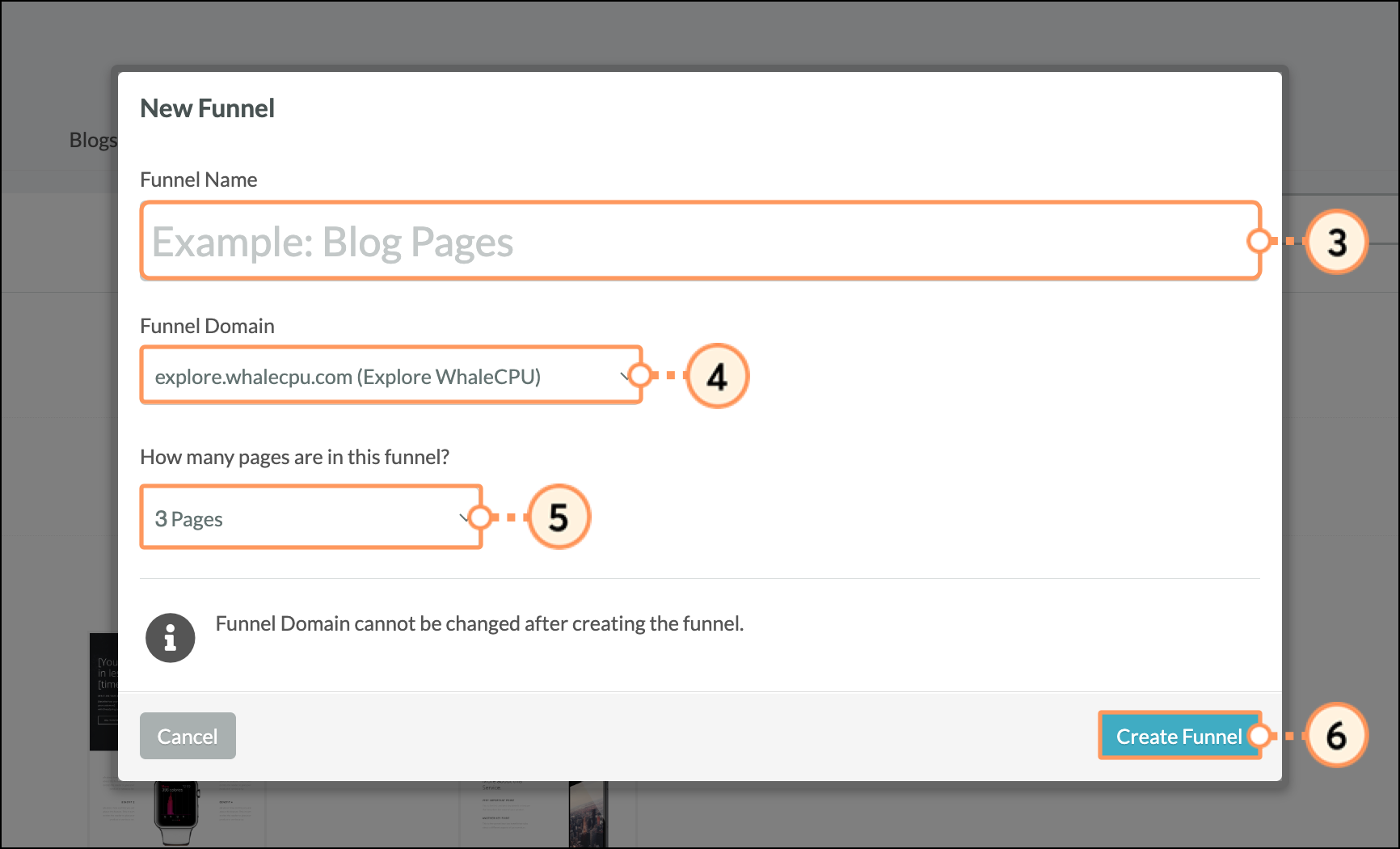 New funnel form with funnel title field, domain field, and number of pages drop-down above blue Create Funnel button
