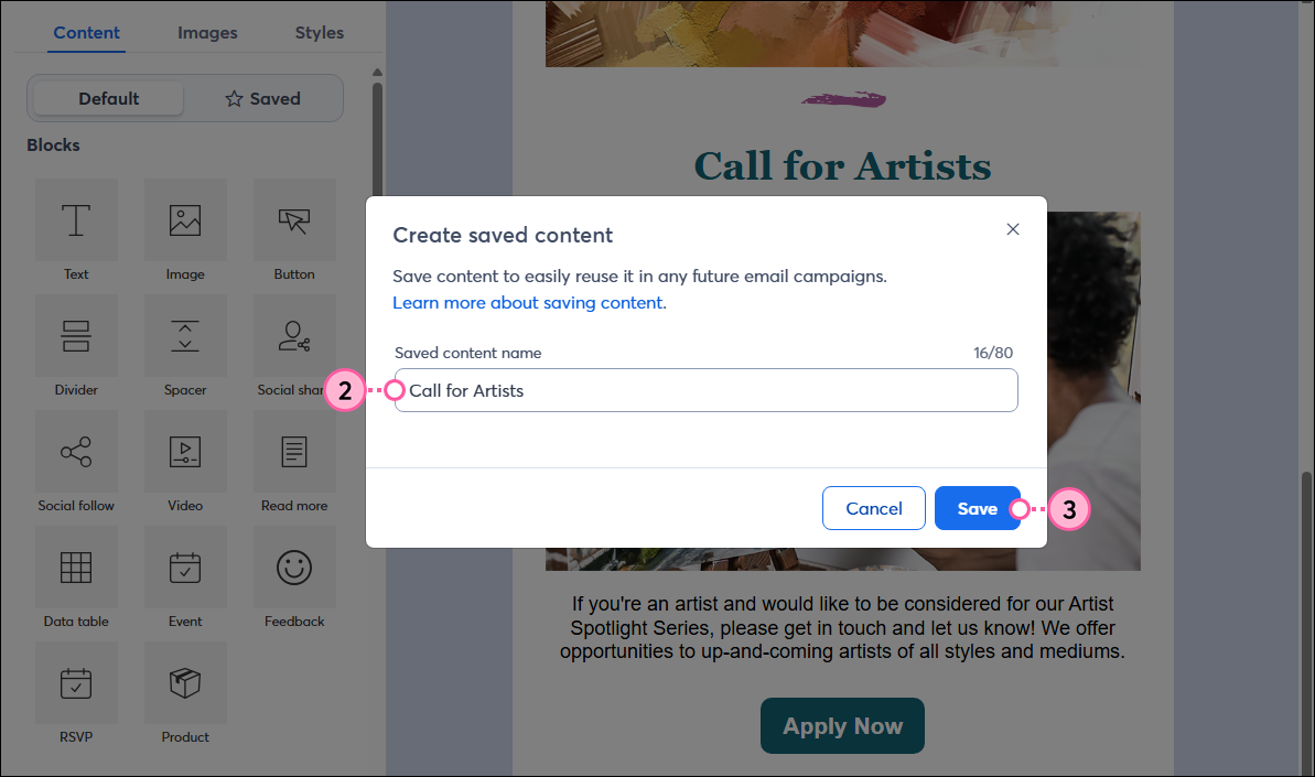 Create Saved Content pop-up with Name field and Save button