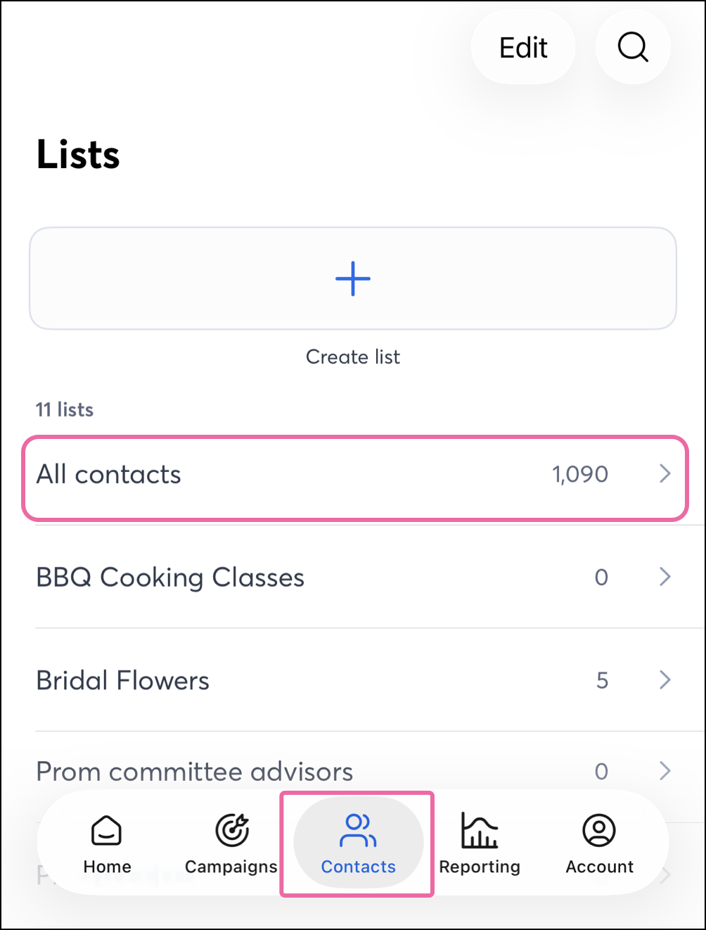 Tap Contacts from the navigation menu and select a list