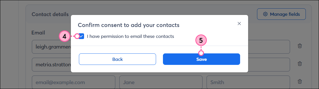 Confirm Consent pop-up with checkbox and Save button