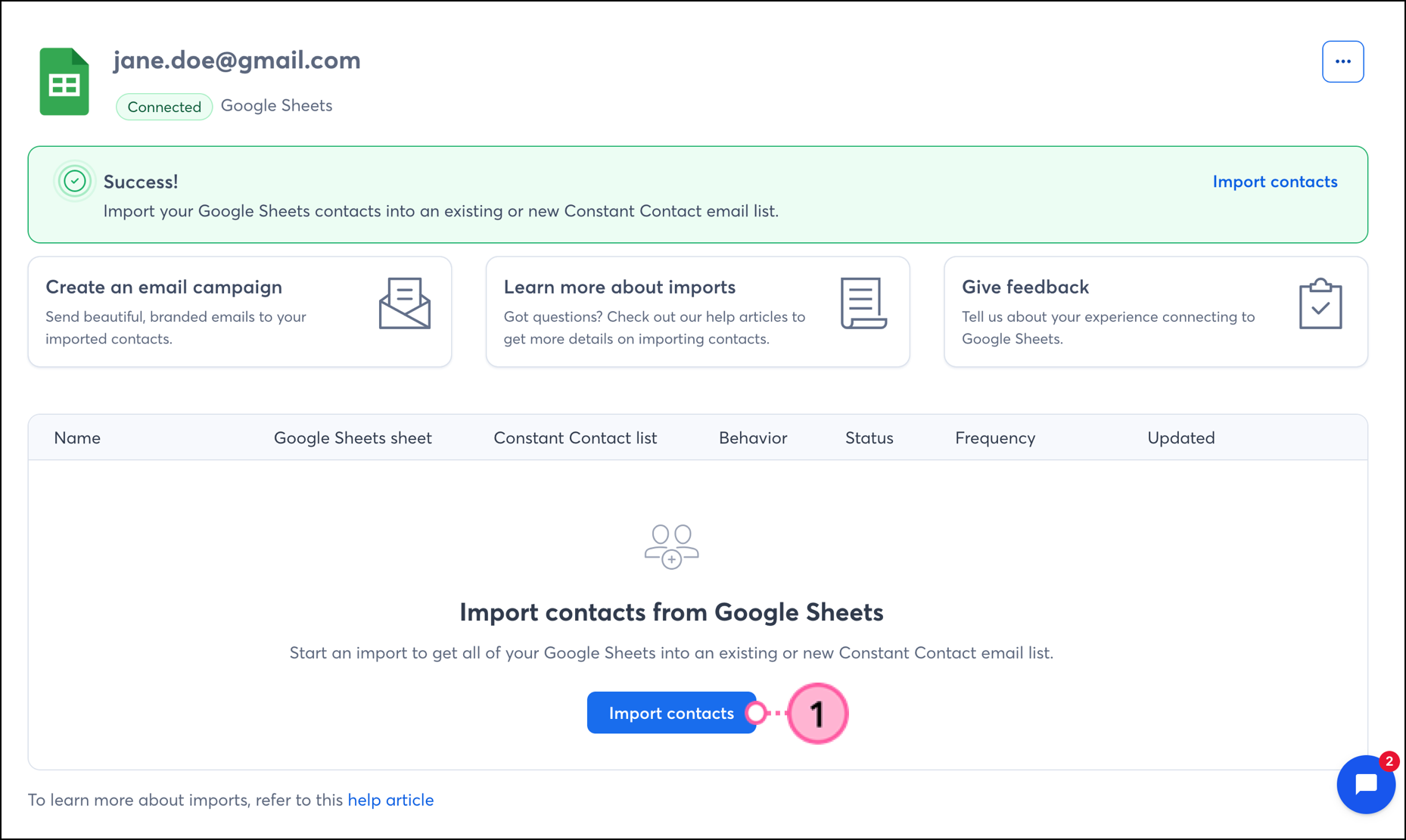 Import Contacts button on connected Google Sheets integration