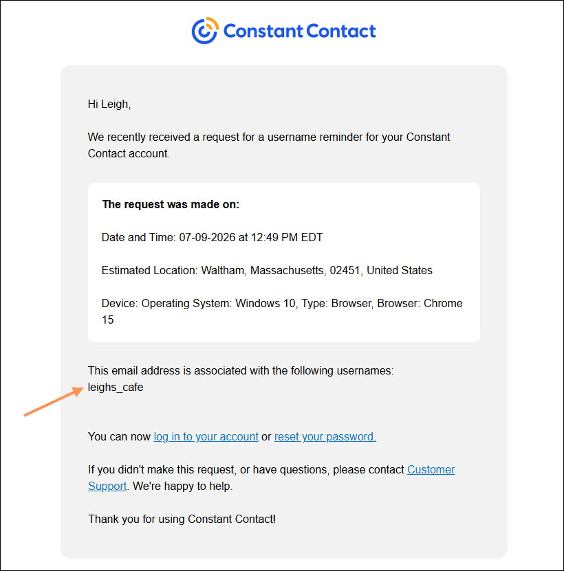 Username Recovery email