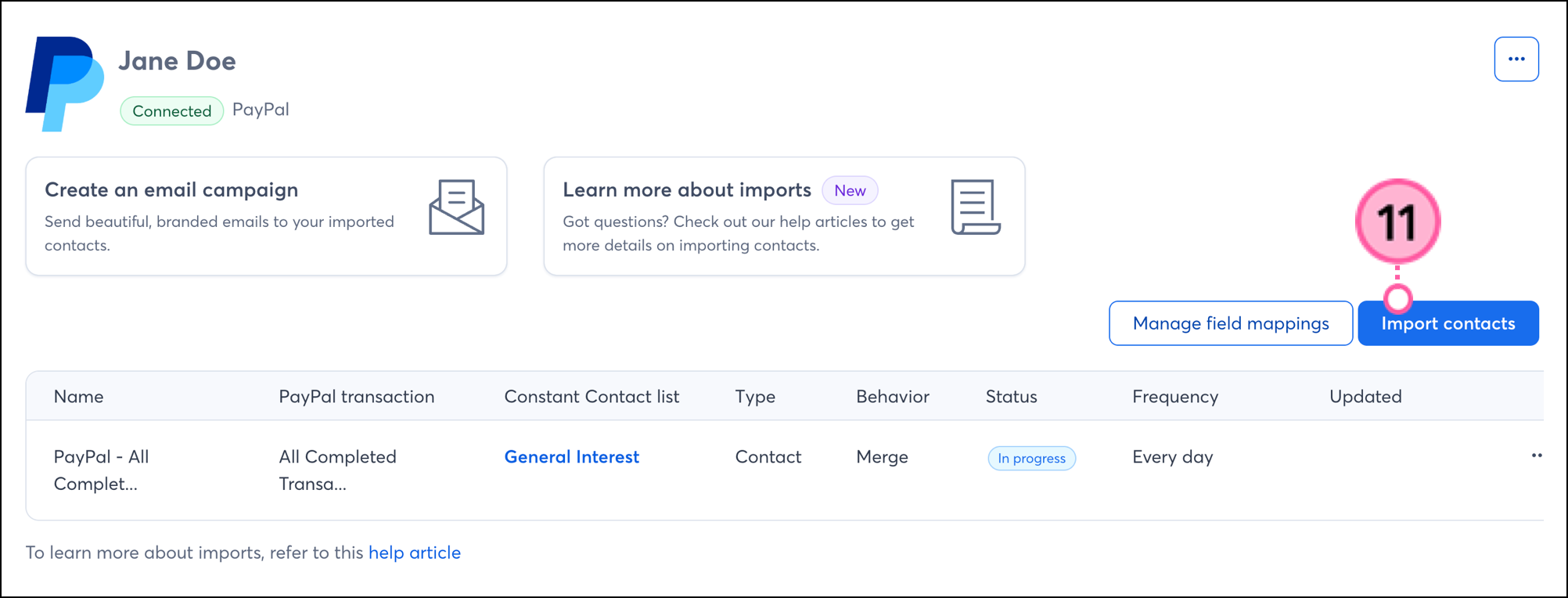 In Progress integration and Import Contact buttons sitting above the import