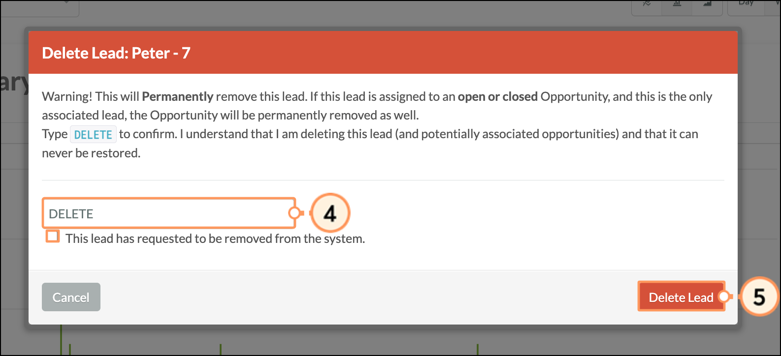Delete field, removal checkbox, and red Delete button Delete field, removal checkbox, and red Delete button