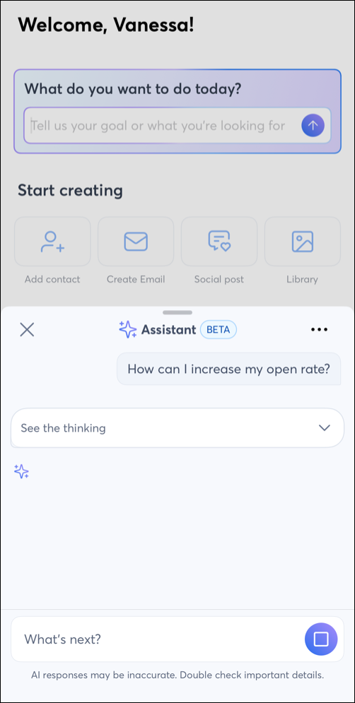 AI Assistant pop-up with open rate question typed in