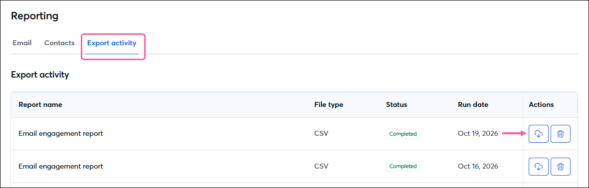 Export activity page